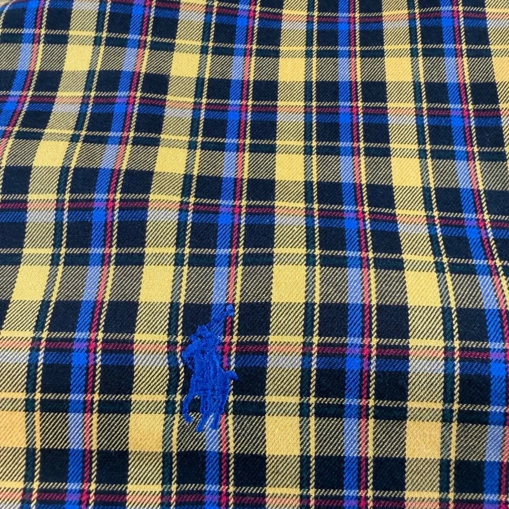 Ralph Lauren Mens XL Custom Fit Plaid Button Down Shirt Yellow Blue Black Cotton